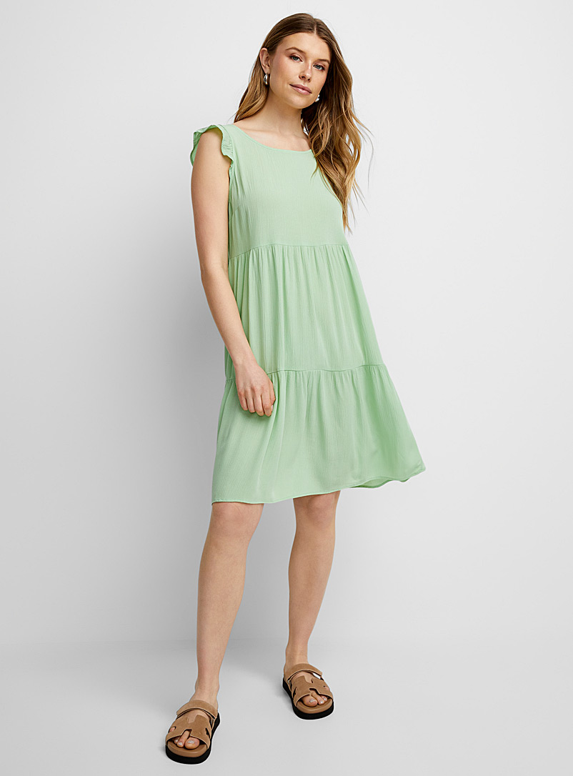 ICHI Mint/Pistachio Green Wrinkled chiffon tiered dress for women