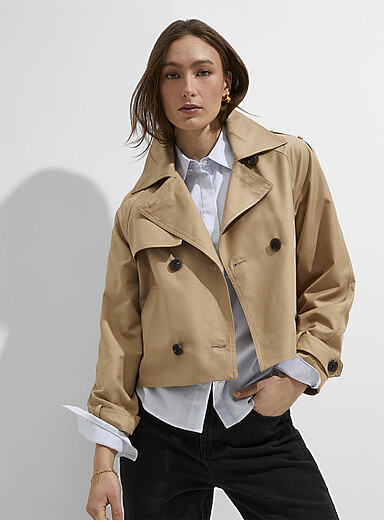 ICHI Ivory/Cream Beige Cropped double-breasted trench coat for women