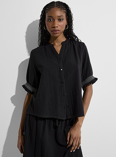 Off White Cotton Gauze V Neck Collared Blouse main image 1