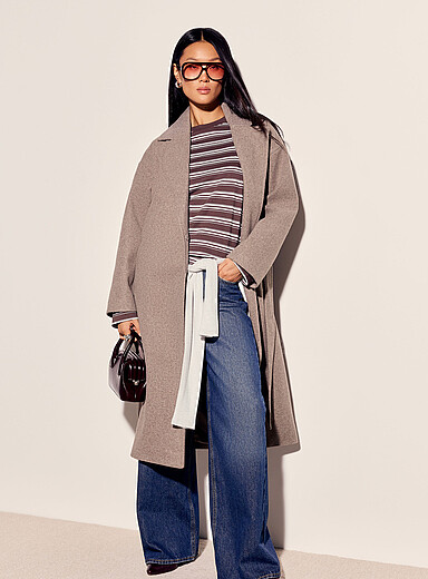 ICHI: Le long paletot ceintur&eacute; Taupe pour femme