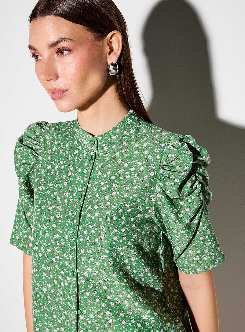 ICHI Mint/Pistachio Green Gathered puff-sleeve officer collar blouse for women