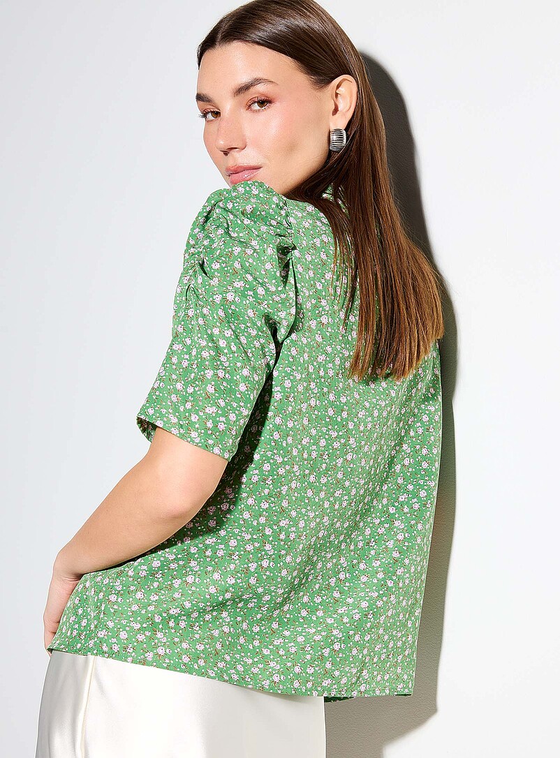 ICHI: La blouse col officier manches bouffantes fronc&eacute;es Vert pistache - Menthe pour femme