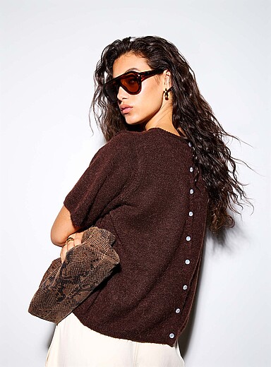 ICHI Chocolate/Espresso Back-button fuzzy-knit sweater for women