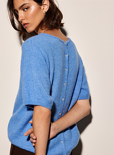 ICHI: Le chandail filamenteux boutons dos Bleu pour femme
