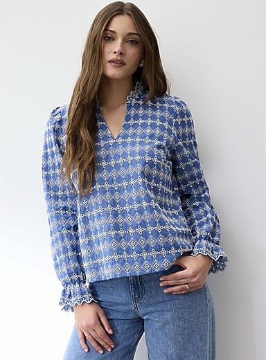 ICHI Patterned Blue Broderie anglaise scalloped collar blouse for women