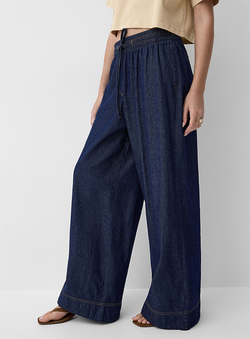 ICHI Navy/Midnight Blue Dark lightweight denim drawcord waist wide-leg pant for women