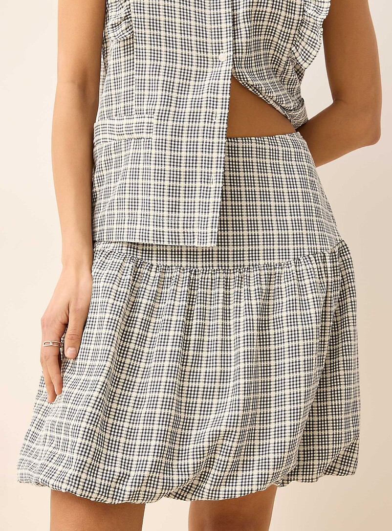 ICHI Patterned Blue Checkered bubble miniskirt for women