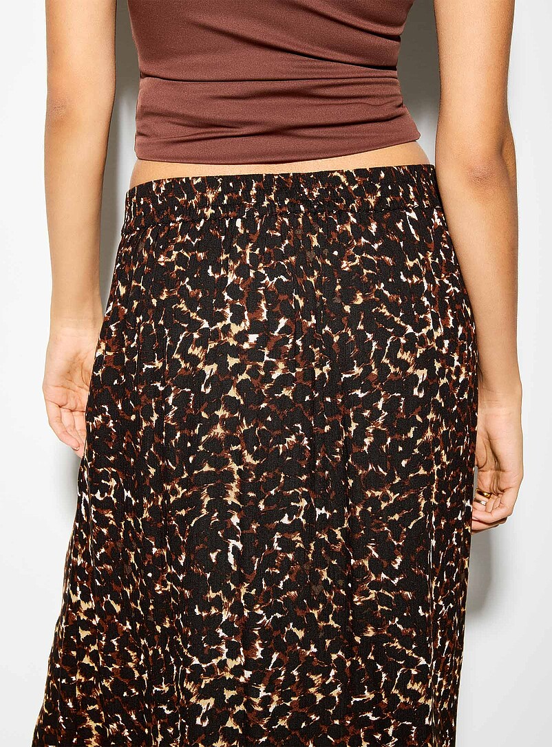 ICHI Patterned Brown Slit printed midi skirt for women
