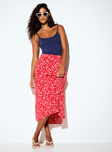 ICHI Patterned Red Slit printed midi skirt for women