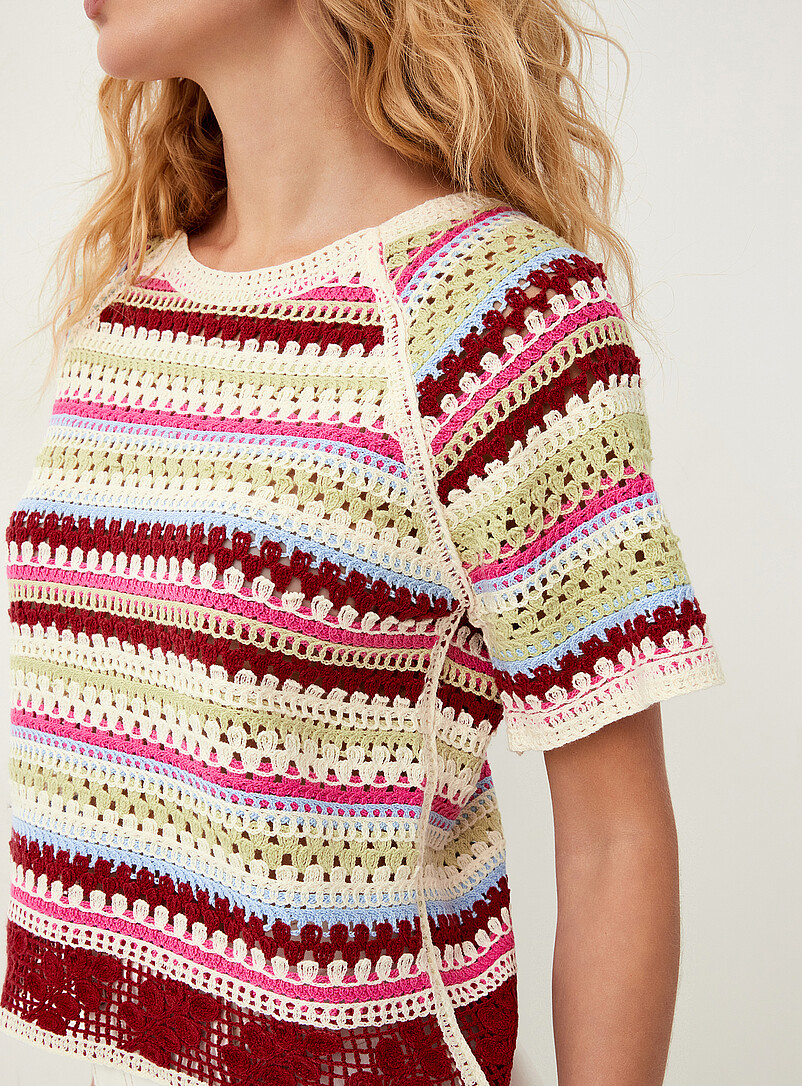 ICHI Assorted Colourful stripes crocheted boxy-fit T-shirt for women