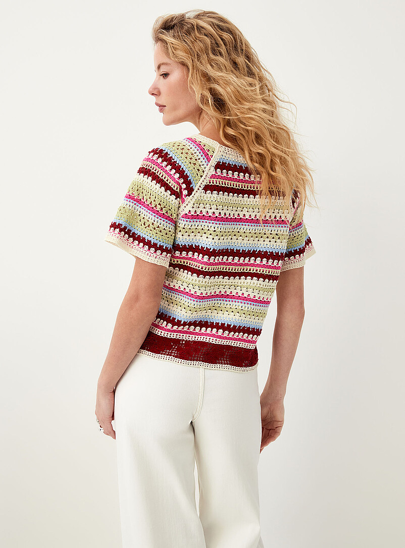 ICHI: Le t-shirt carr&eacute; crochet&eacute; rayures color&eacute;es Assorti pour femme