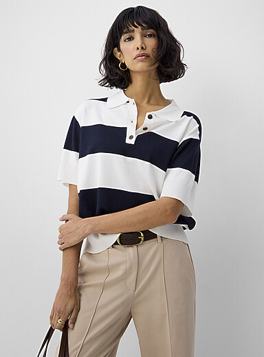 Le chandail carr&eacute; col polo larges rayures