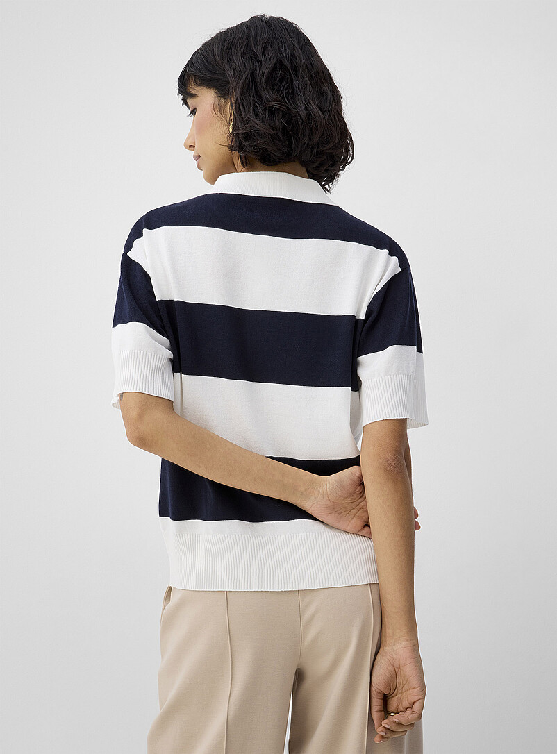 ICHI Patterned White Broad stripes polo-collar boxy-fit sweater for women