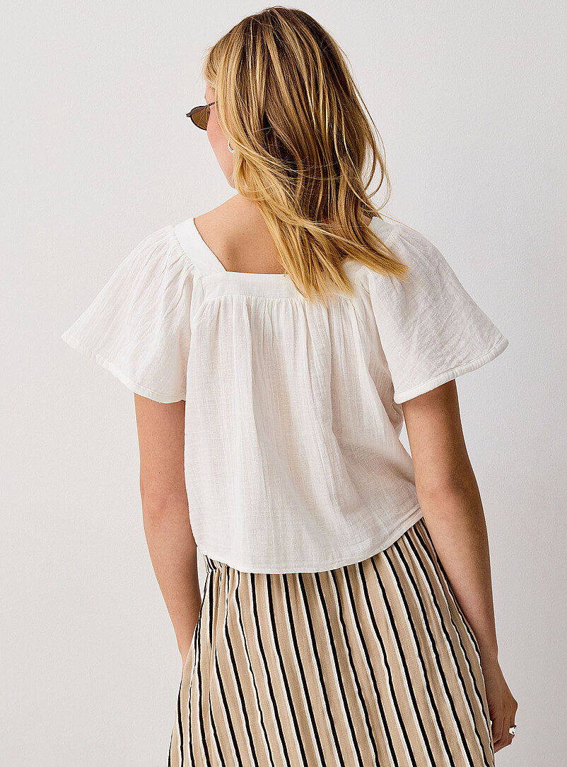 ICHI: La blouse &eacute;court&eacute;e col carr&eacute; gaze pur coton Vert fonc&eacute; - Mousse pour femme
