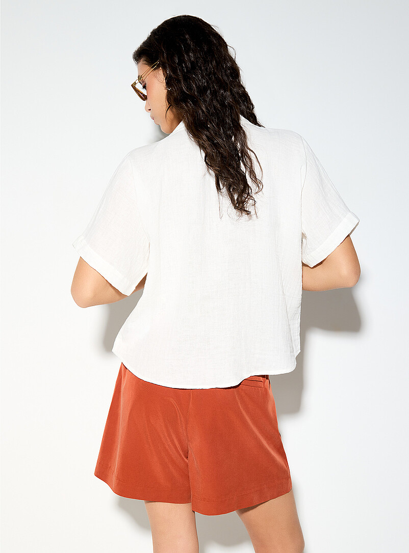 ICHI White 100% cotton gauze notched collar shirt for women