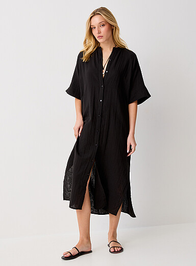 ICHI Black Pure cotton gauze button-down midi dress for women