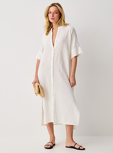 La robe midi boutonn&eacute;e gaze pur coton