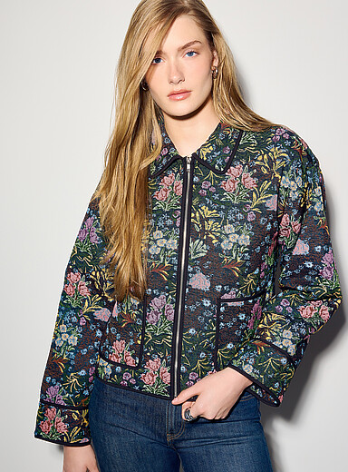 ICHI: La veste zipp&eacute;e jacquard floral Brun &agrave; motifs pour femme