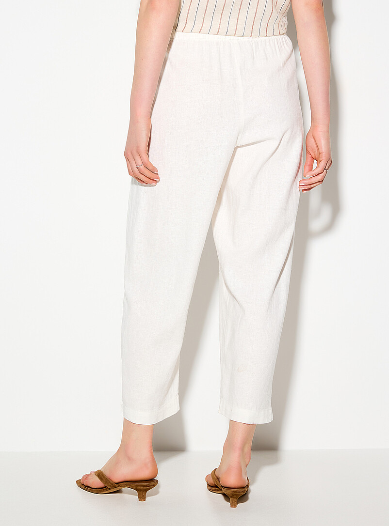 ICHI White Linen blend cropped barrel-leg pant for women
