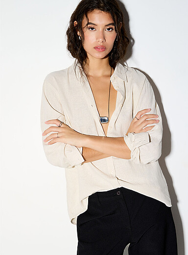 ICHI Ivory/Cream Beige Linen-blend shirt for women