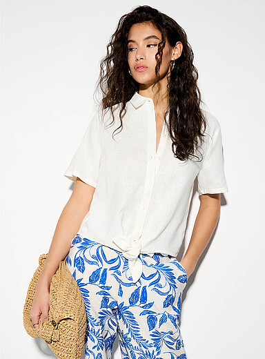 Linen blend short-sleeve tie-up shirt