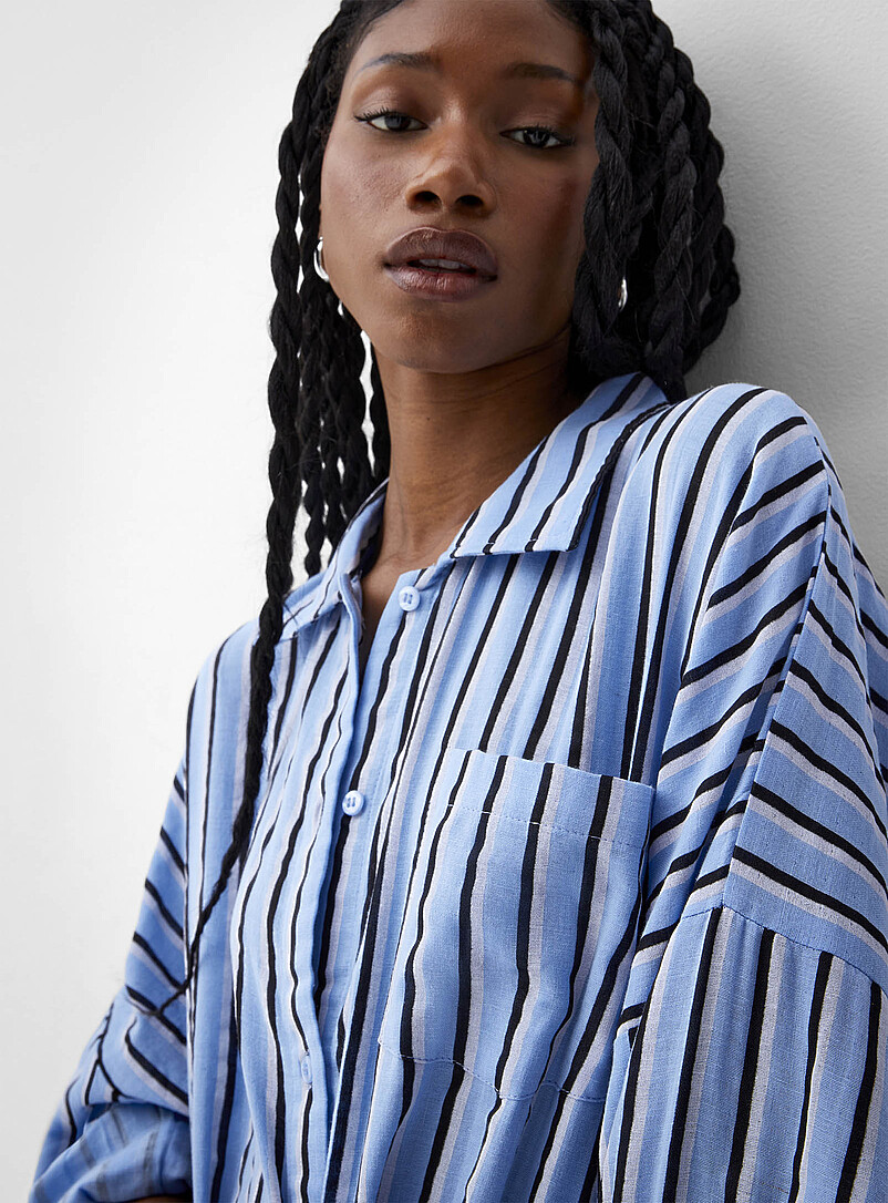 ICHI: La chemise surdimensionn&eacute;e gaze pur coton Bleu &agrave; motifs pour femme