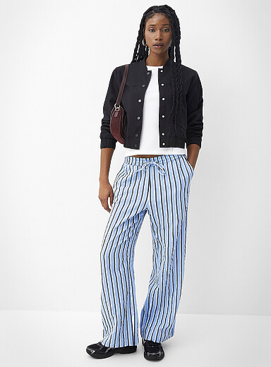 ICHI: Le pantalon large l&eacute;ger taille &eacute;lastique Bleu &agrave; motifs pour femme