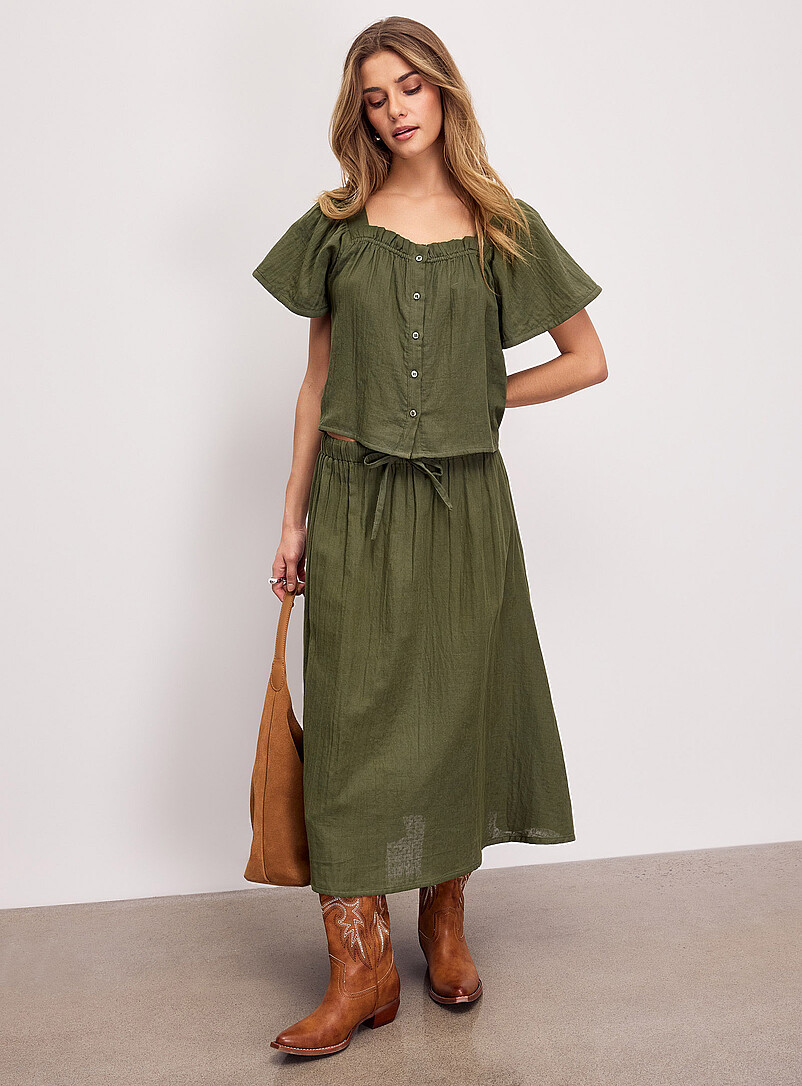 ICHI Beige Pure cotton gauze flared midi skirt for women