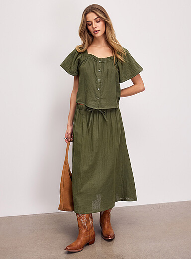 ICHI Beige Pure cotton gauze flared midi skirt for women