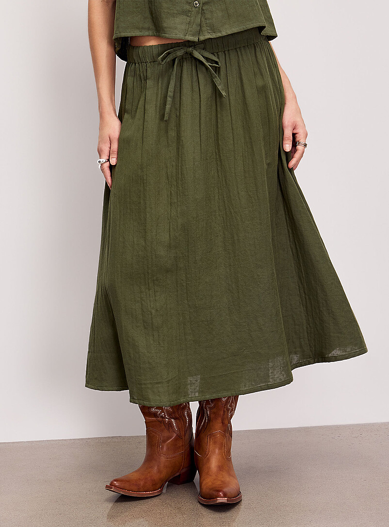 ICHI Beige Pure cotton gauze flared midi skirt for women