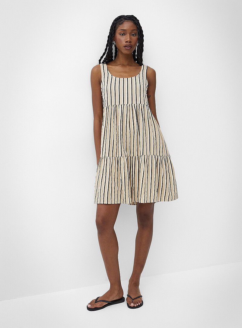 ICHI Patterned Ecru Pure cotton gauze tiered minidress for women