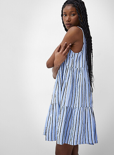 ICHI: La minirobe &eacute;tag&eacute;e gaze pur coton Bleu &agrave; motifs pour femme
