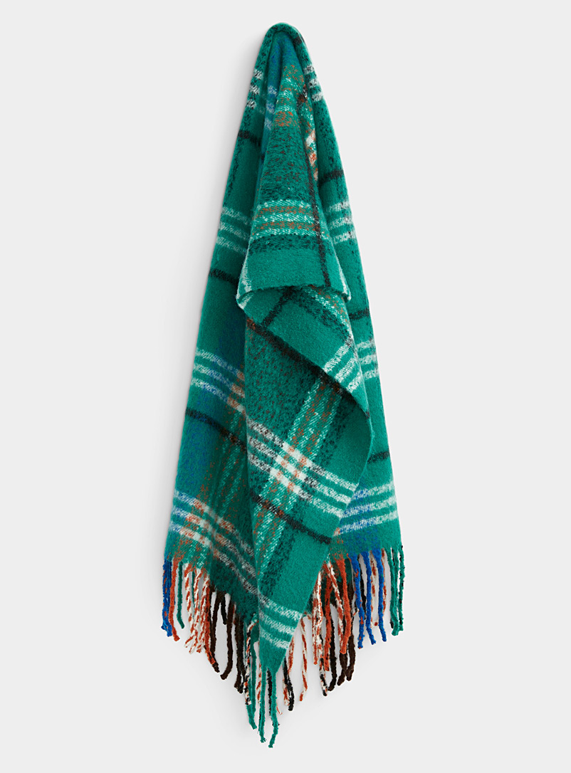 ICHI Patterned Green Blue-green tartan oversized scarf for women