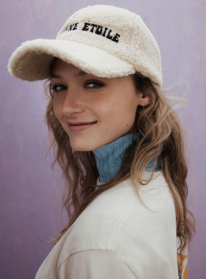 ICHI Ivory White Embroidered sherpa cap for women