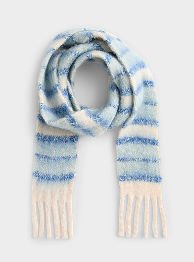 Blue-striped thready knit narrow scarf