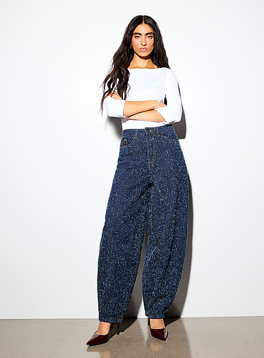 ICHI Blue Textured denim barrel-leg jean <b>Fit: Barrel leg, high rise</b> for women