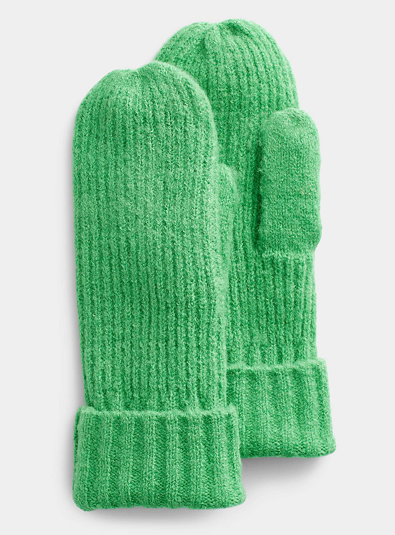ICHI Kelly Green Colourful rib-knit mitten for women