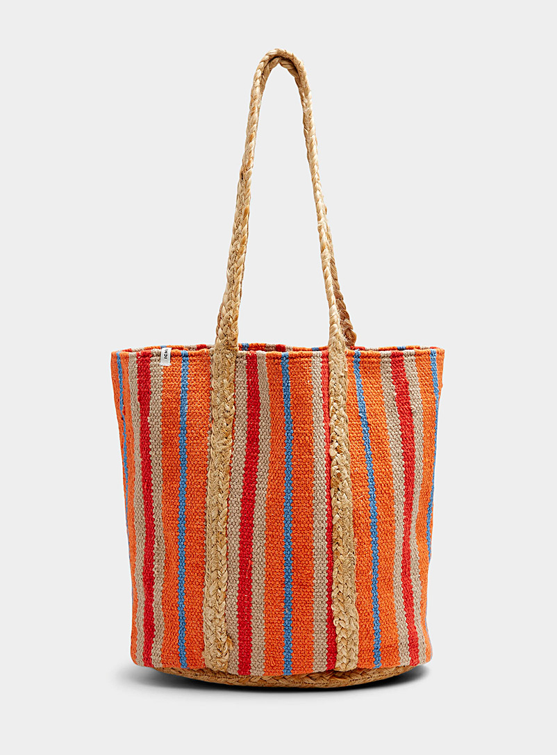ICHI Assorted Colourful stripe textured tote for women