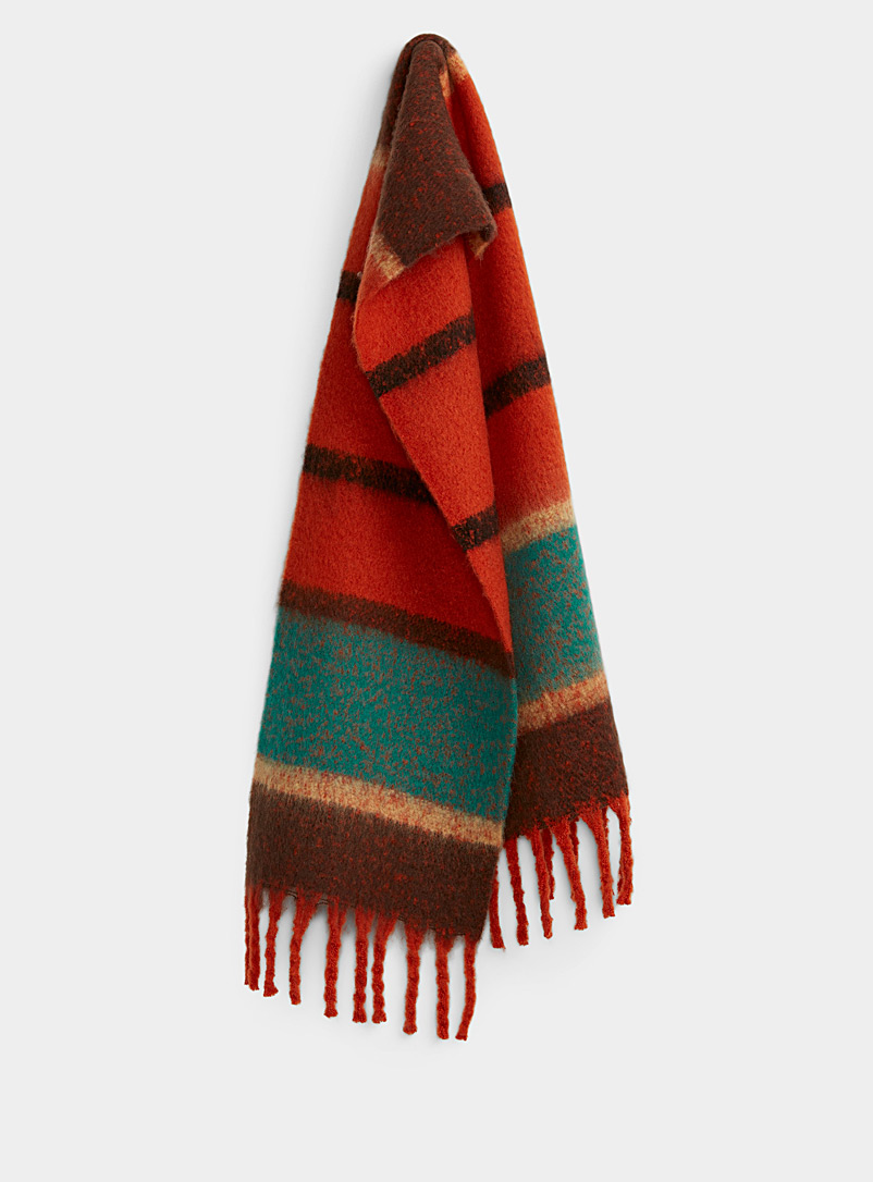 ICHI Patterned Brown Colour-block striped scarf for women