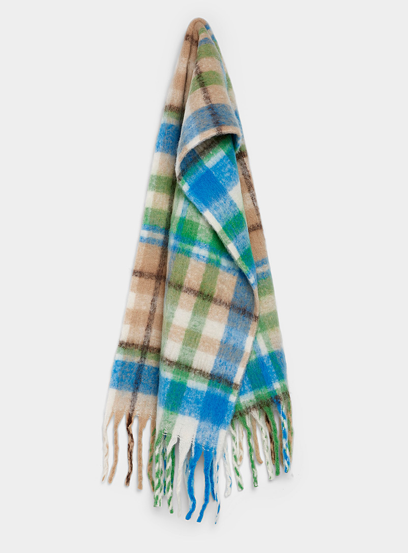 ICHI Patterned Blue Blended checks scarf for women