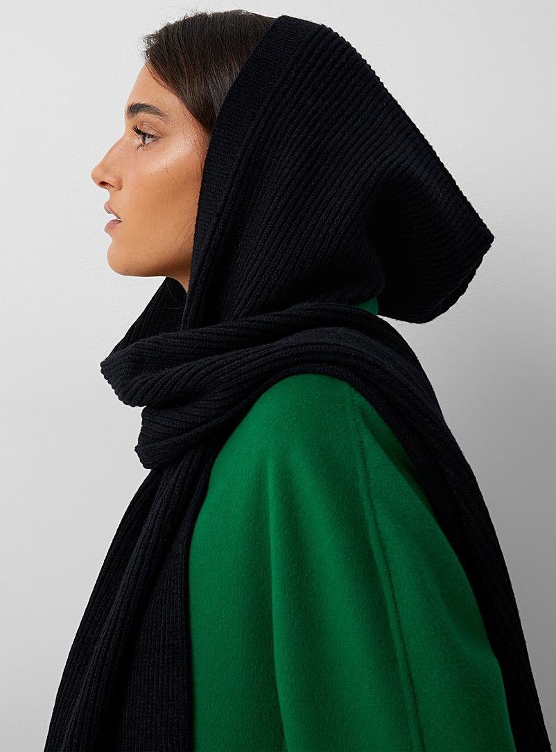ICHI Black Rib-knit hooded scarf for women