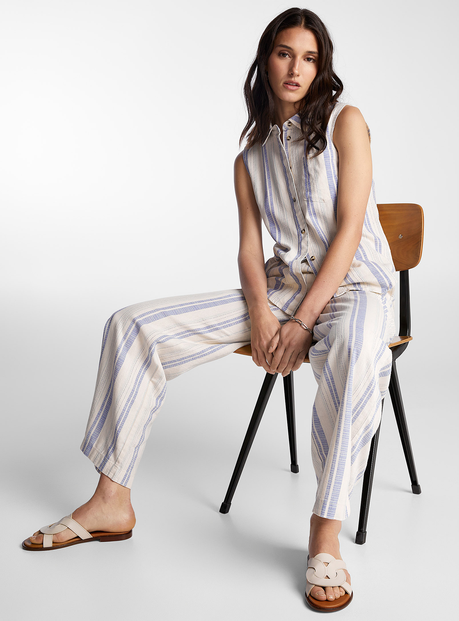 ICHI - Women's Touch of linen irregular stripes wide-leg pant