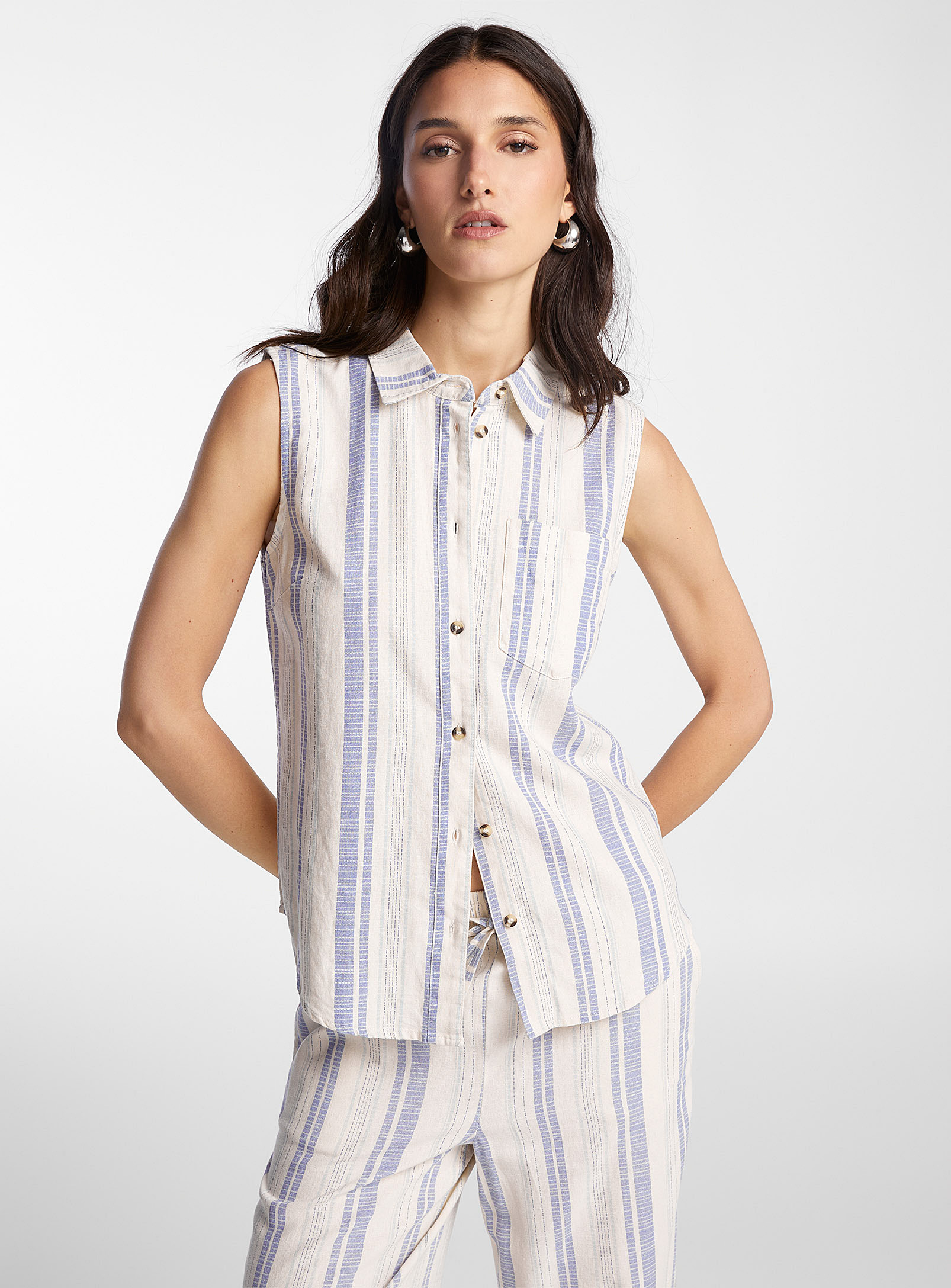 Ichi Touch Of Linen Irregular Stripes Shirt In Patterned Blue