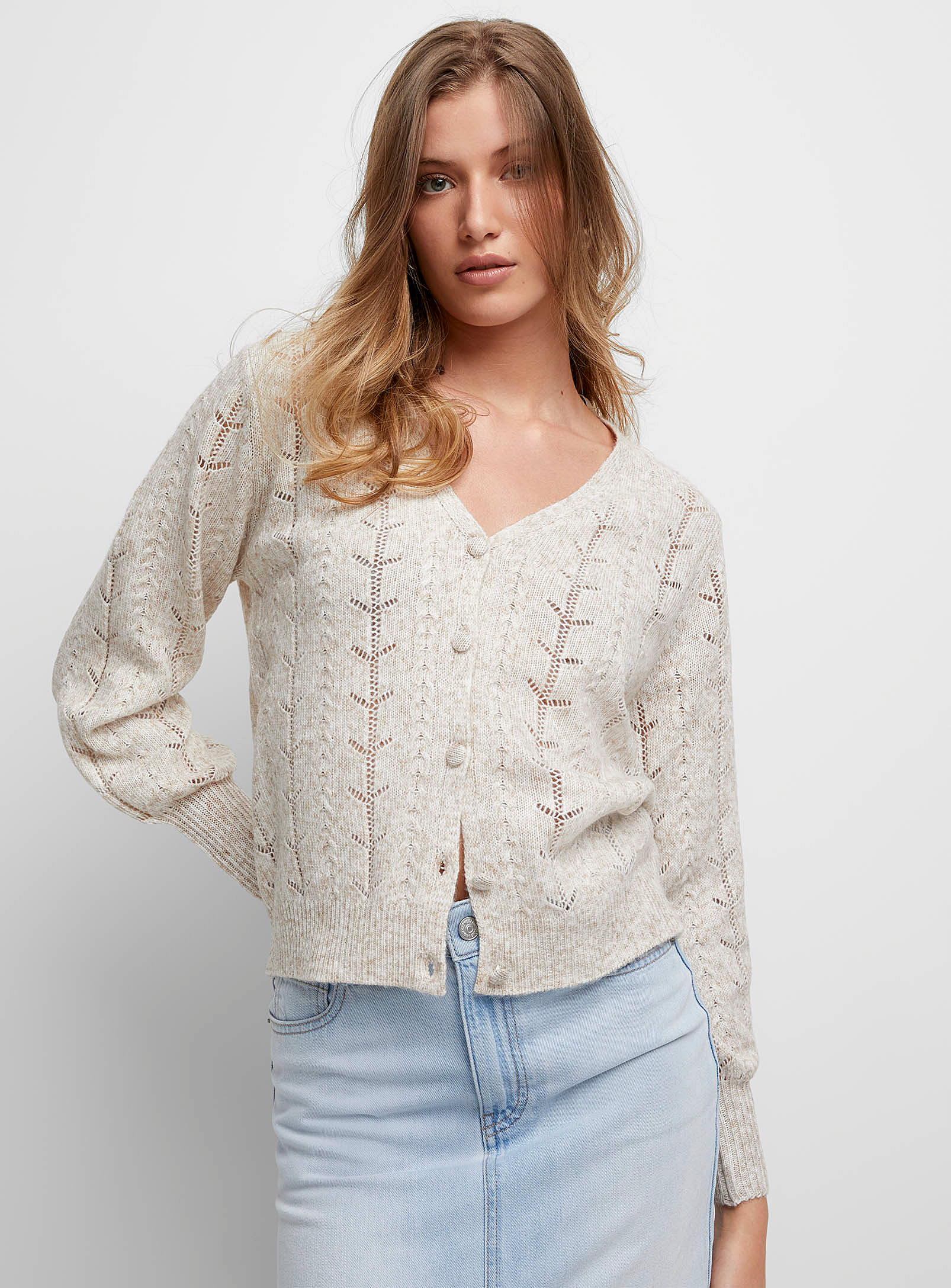 ICHI - Women's Pointelle knit heathered Cardigan Sweater