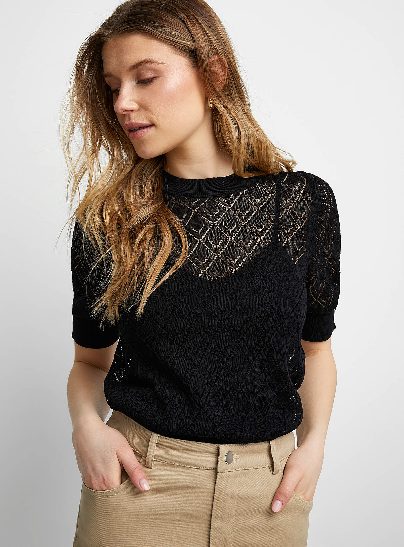 Icône - Women's Openwork diamond pattern puff-sleeve sweater