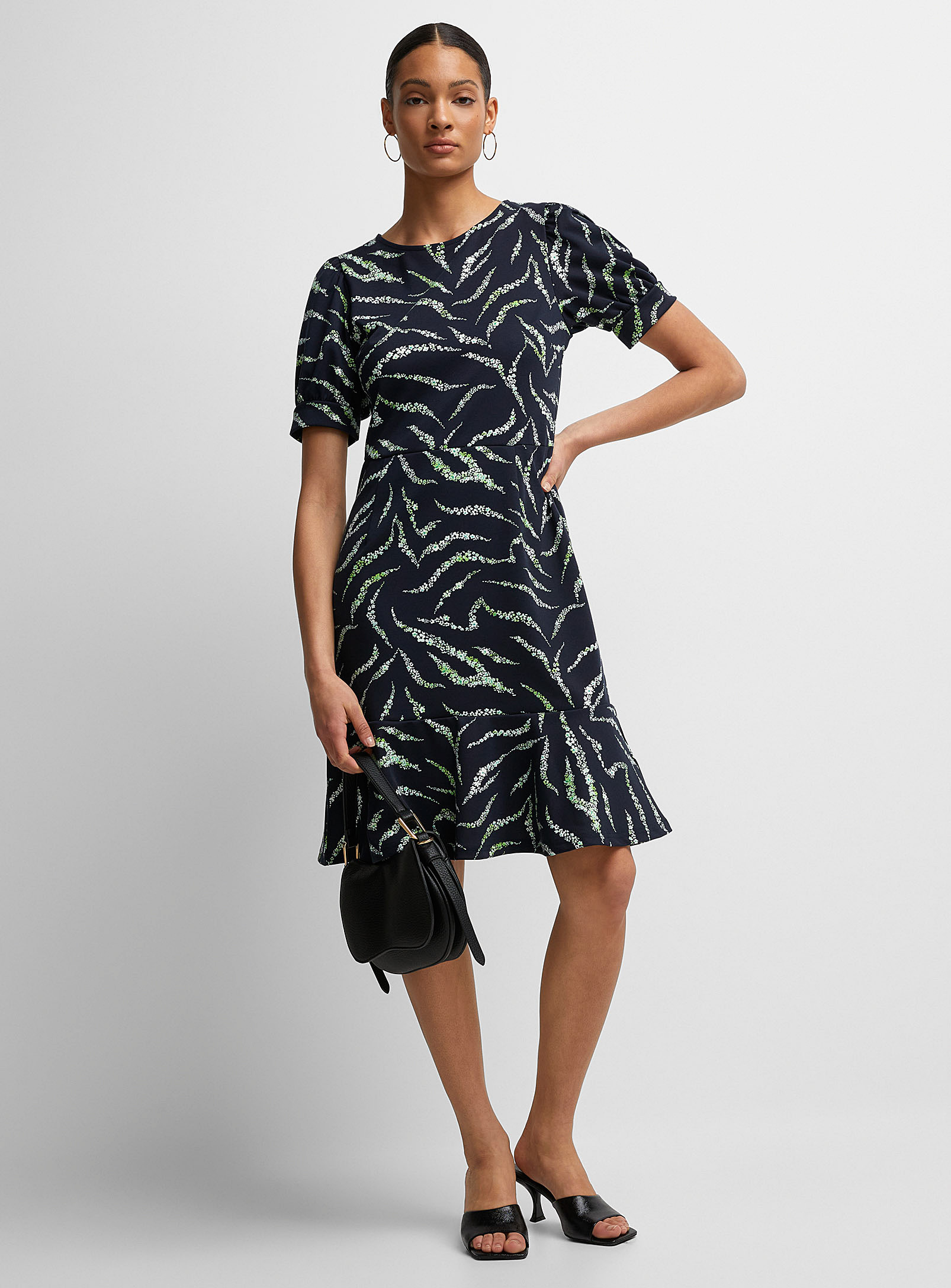 ICHI - Women's Floral zebra stripes puff-sleeve dress