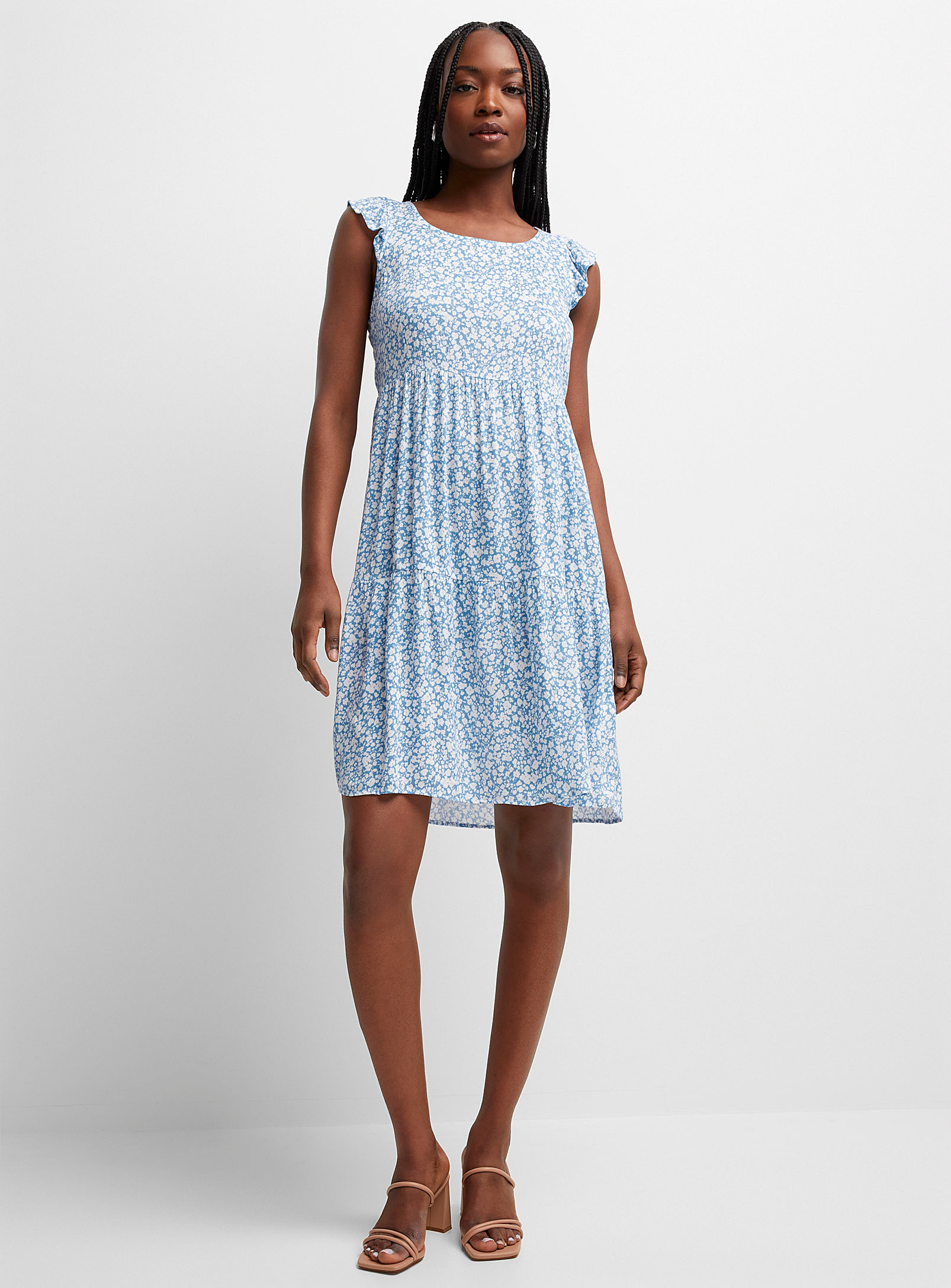Icone Mini-flowers Wrinkled Chiffon Tiered Dress In Patterned Blue
