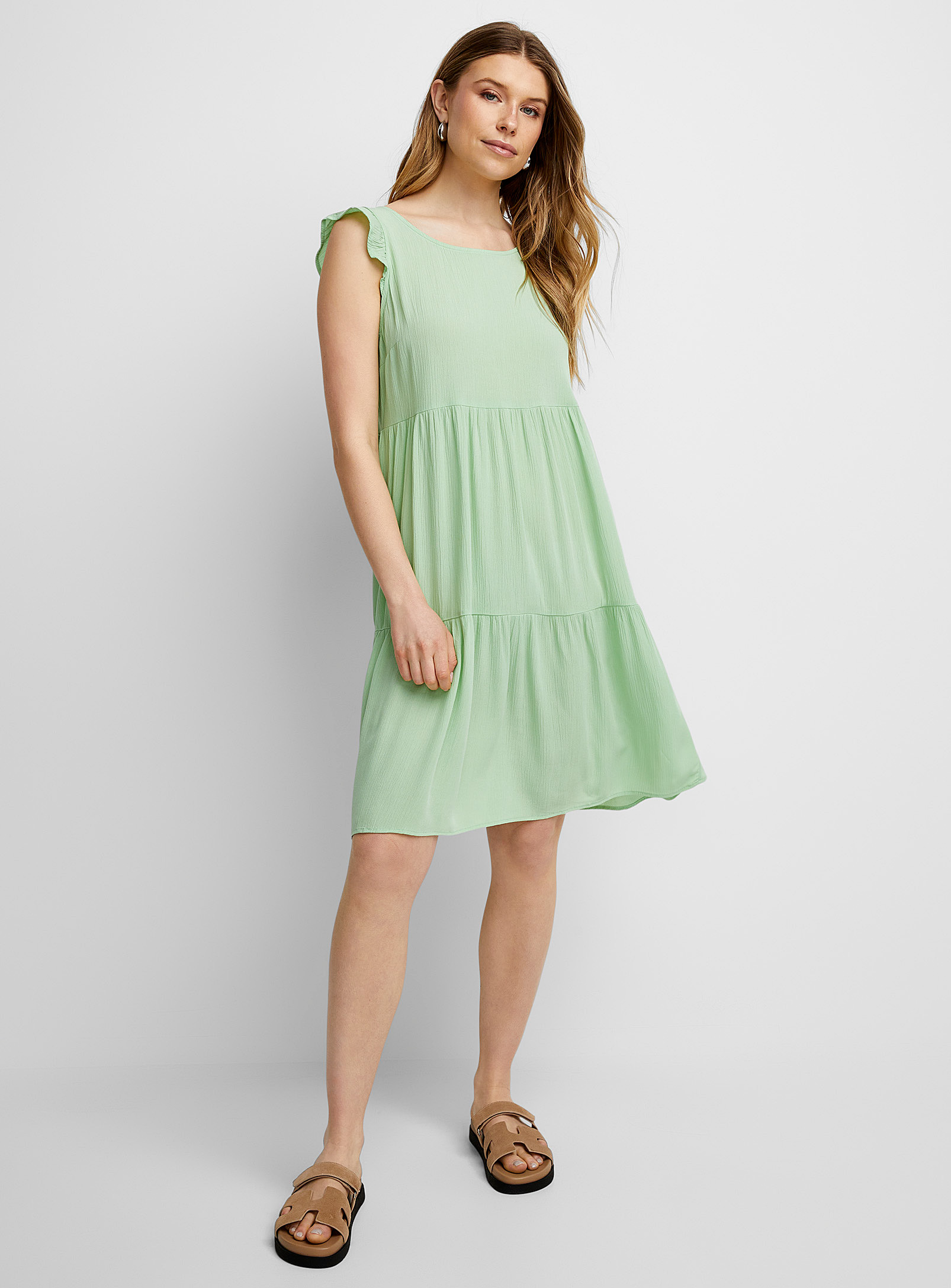 Ichi Wrinkled Chiffon Tiered Dress In Lime Green