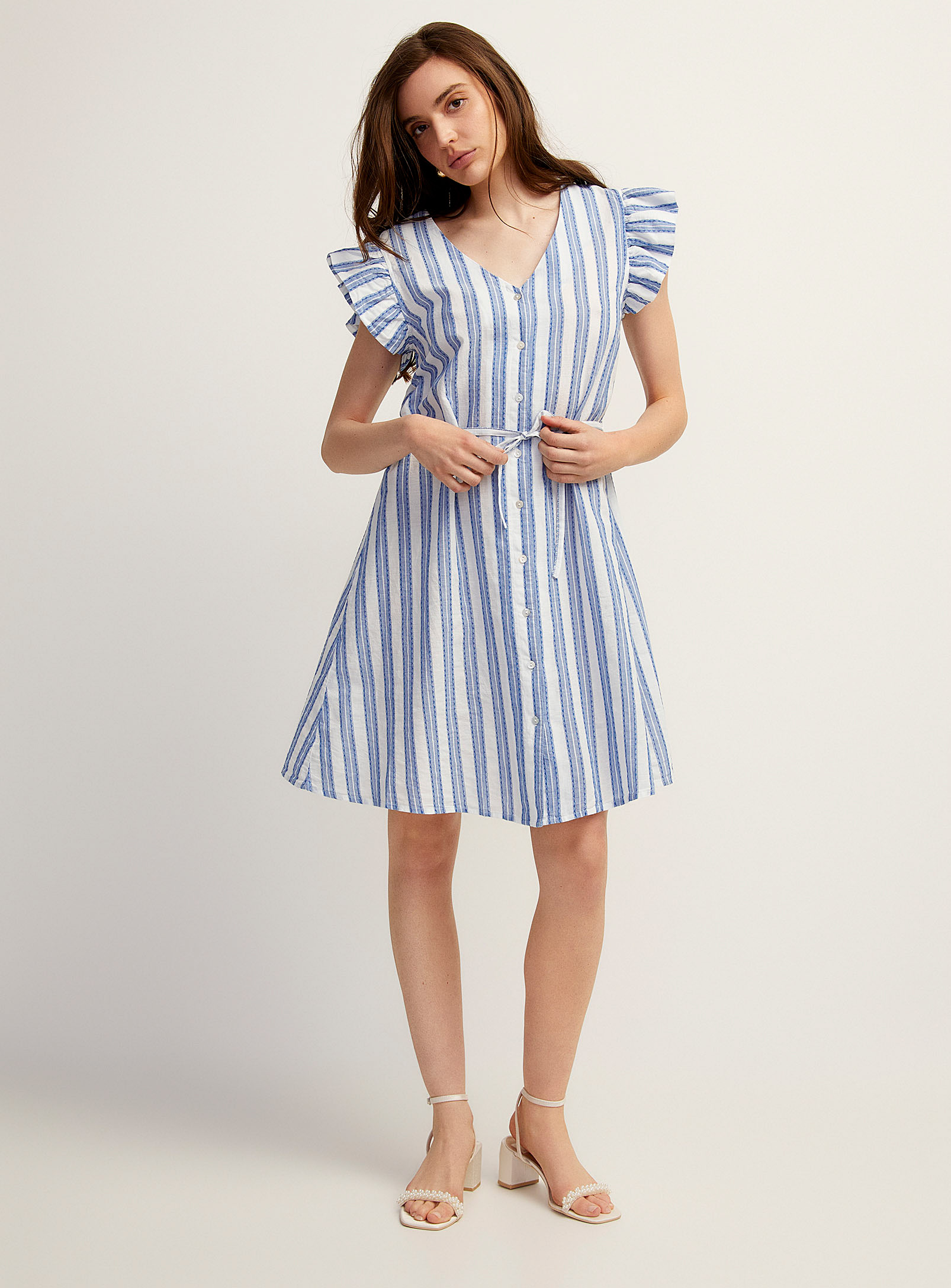 Ichi Blue Stripes Ruffled Sleeves Flared Dress In Patterned Blue