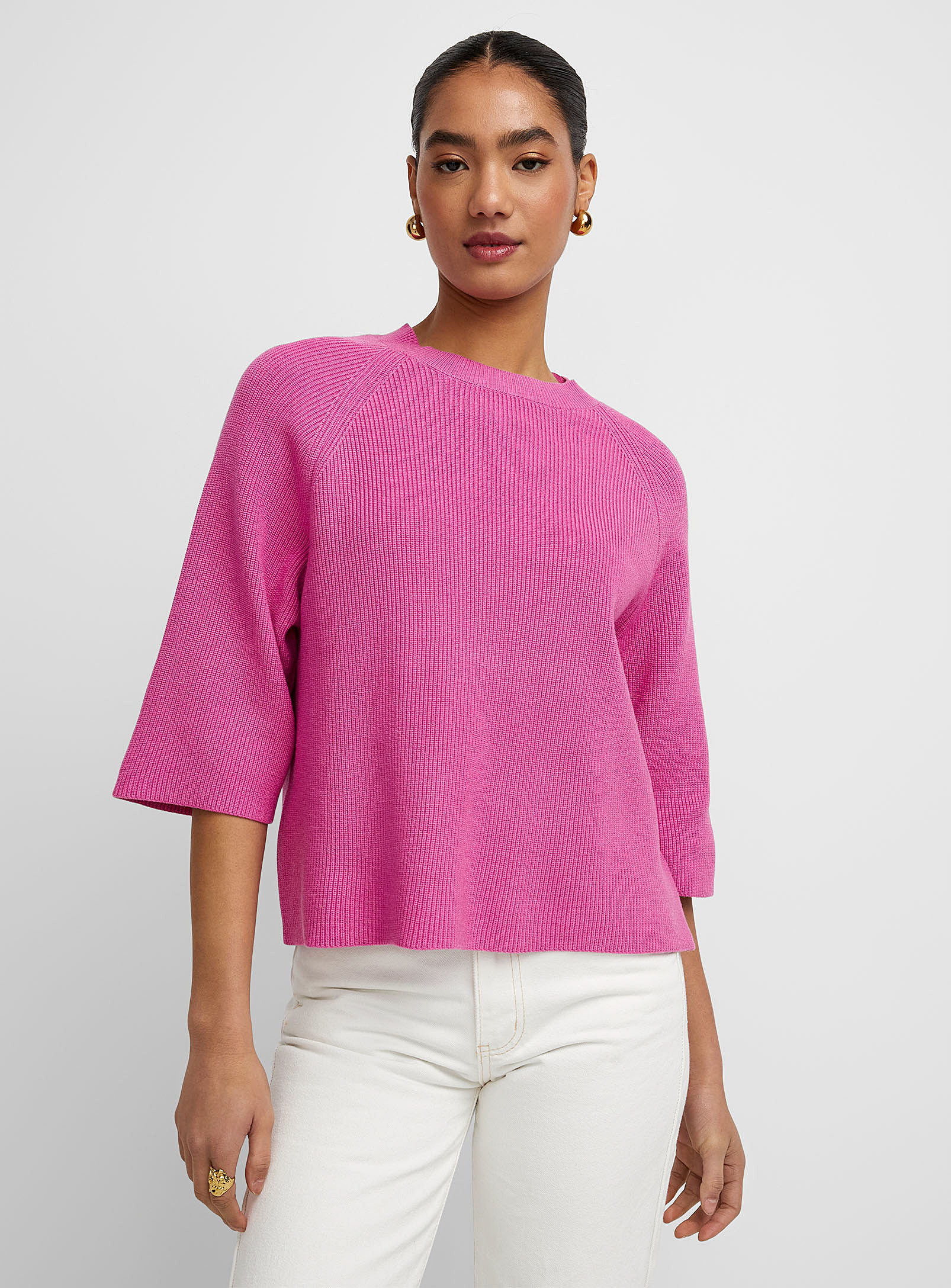 Ichi Elbow-length-sleeve Boxy-fit Sweater In Pink